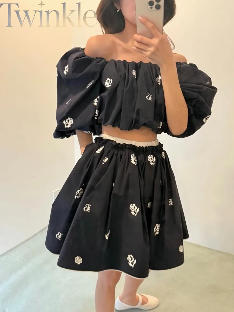 Japanese Style Embroidered Rose Skirt Women High Waist Elastic Puffy Short Skirt Vintage A Line Umbrella Skirt