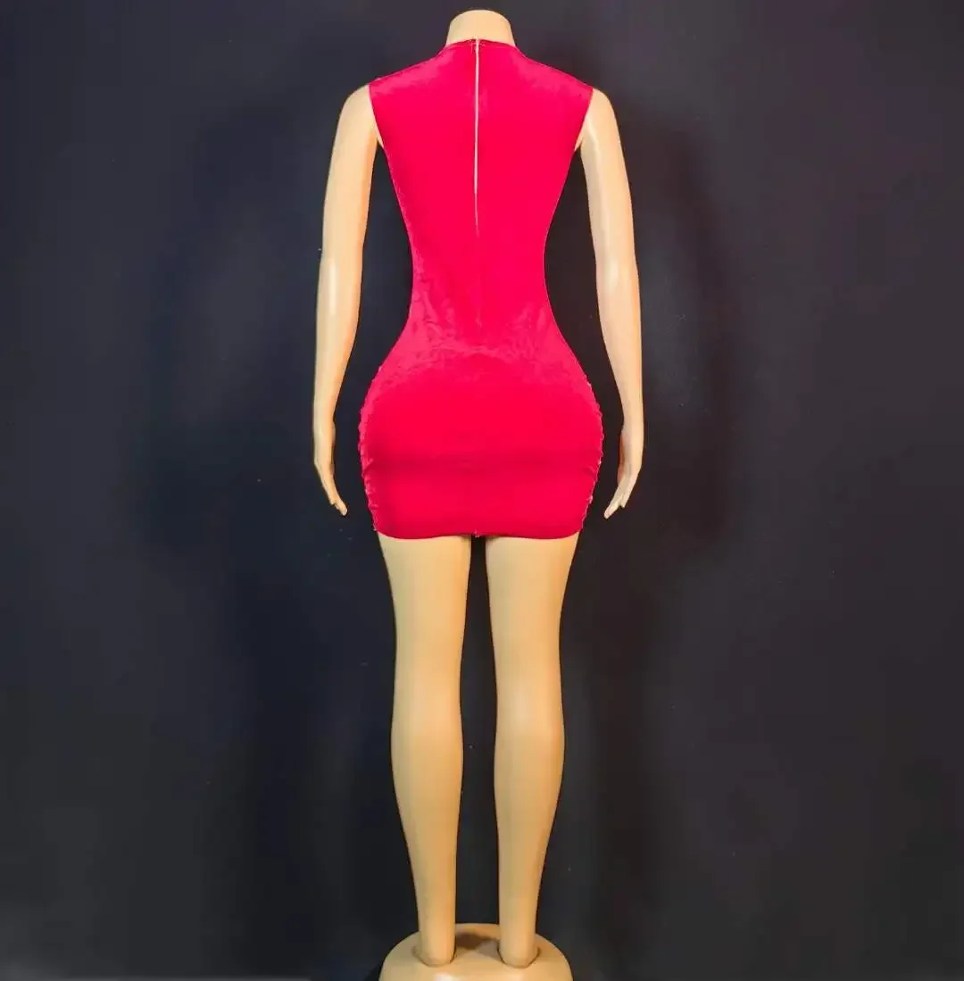 Sukienka z siateczki, zdobiona czerwonymi kryształkami, dla kobiet, na urodziny, dla showgirl, piosenkarki, na imprezę, bez rękawów, aksamitna, kostium sceniczny, DS, drag queen.