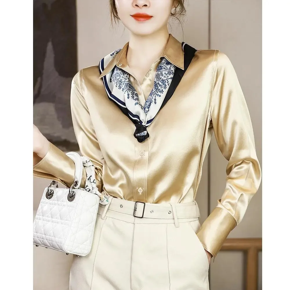 5 Colors Solid Color Elegant Office Lady's Satin Shirt Trendy Women Shirts And Blouses Basic Chic Top Autumn French Chic Shirt