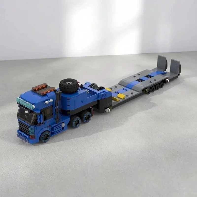 MOC Kreatives Blaues Flachanhänger-Modell mit Hohem Schwierigkeitsgrad, Schwerlast-LKW-Baustein-Modell, Erwachsenen-Puzzle-Bausatz, Geburtstagsgeschenk, Dekoration – Detail 2