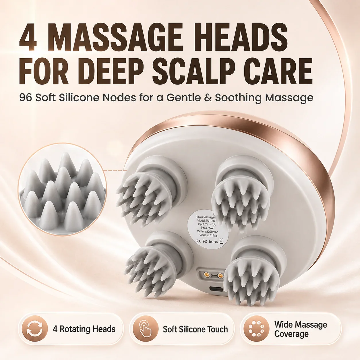Cordless Electric Scalp Massager, Portable 4 Silicone Claws Head Massager, Type‑C Rechargeable Rotating Massage Device for Scalp