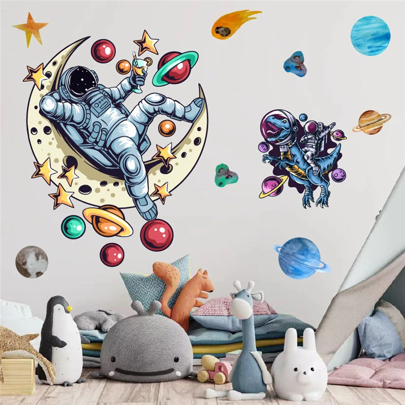 Pegatina de pared de astronauta feliz errante en el espacio para decoración del hogar, Mural de Planeta, estrella, luna, arte Diy, calcomanías para habitación de niños, póster de Pvc
