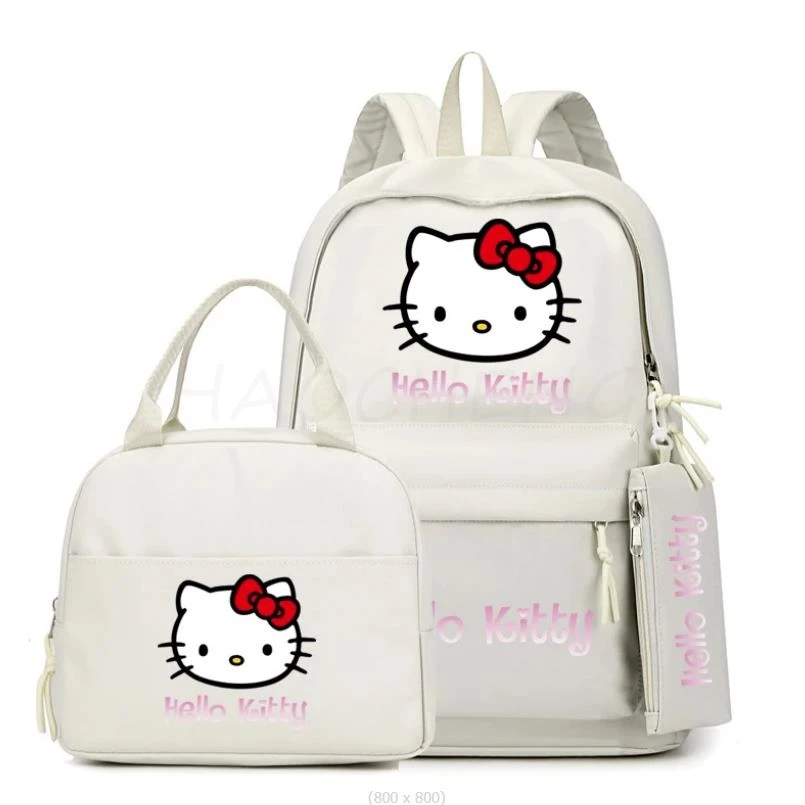 Hello Kitty Anime Mochila para Meninas e Meninos, Saco de Almoço Casual, Sacos de Volta à Escola, Mochila para Estudantes e Adolescentes, Mulheres e Crianças, 3 peças por conjunto