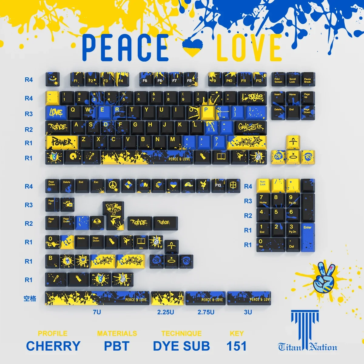 Exclusive PEACE&LOVE Themed Keycap Set 151 Keys PBT Dye-Sublimation Cherry Profile Treet Graffiti Style for Mechanical Keyboards