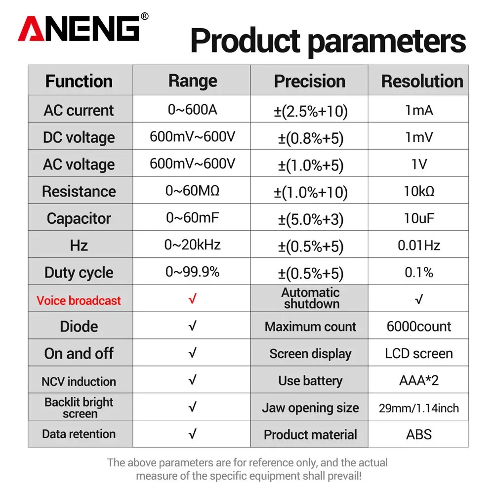 ANENG PN104 Multimetr do transmisji głosowej Cęg 600A Cyfrowy miernik cęgowy AC DC Tester napięcia Samochodowy tester Ohm Narzędzie dla elektryków