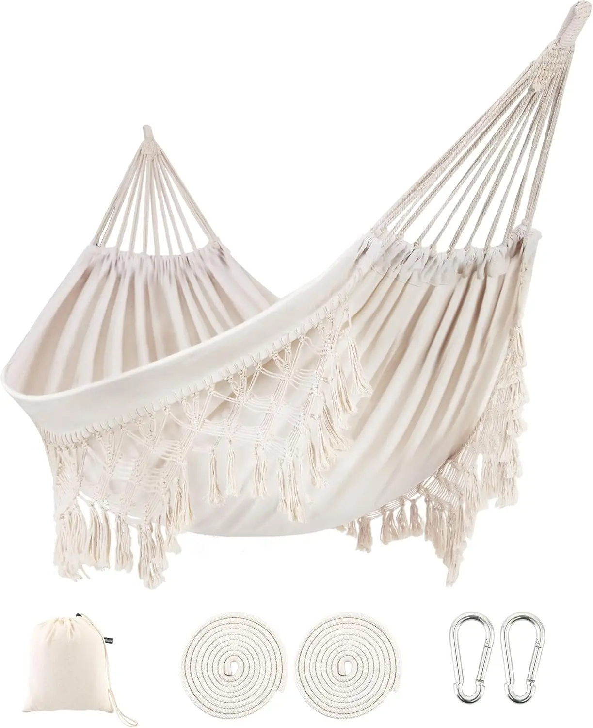 

Fringe for 2 Persons,Double Boho Hammocks with Tassels,Portable Cotton Rope Hamaca Swing with Travel Bag for Outside