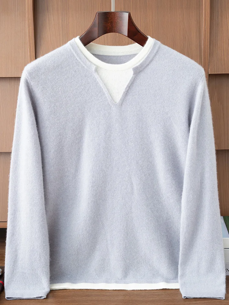 100% Cashmere Men's Hoodie Fake Two piece Autumn/Winter Casual Fashion Top Knitted Sweater