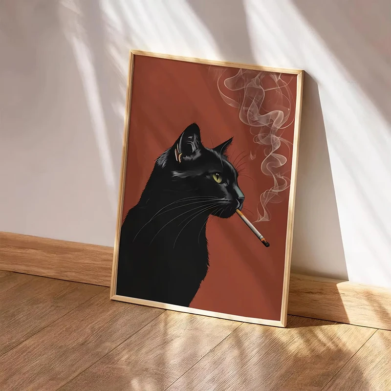 Schwarze Katze raucht eine Zigarette, Poster und Drucke, Retro, skurrile, lustige Tier-Leinwand-Wandgemälde, Bar, ausgefallenes Dekor, Bild – Detail 7