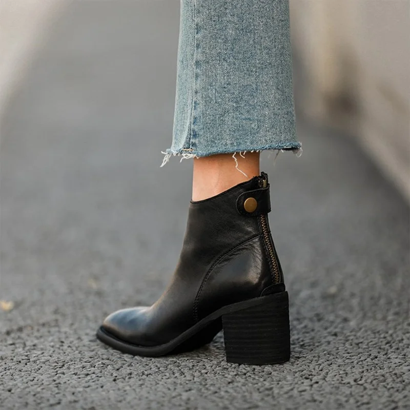 عودة البريدي حذاء من الجلد النساء النمط الأوروبي النساء أحذية الشتاء الخريف الربيع موجزة جلد البقر سميكة عالية الكعب أحذية السيدات الكلاسيكية #1