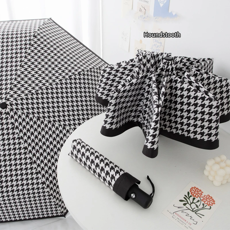 New Fully Automatic Three Fold Clear Umbrella Thousand Bird Grid Folding Umbrella Black Glue Anti UV Sunscreen Sunshade Umbrella