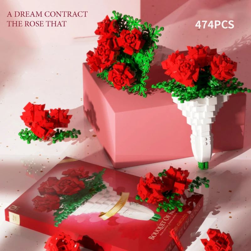 474PCS Creative Romantic Red Rose Bouquet Immortal Flower Building Blocks Plant Decoration Assemble Bricks Toys Adults Girl Gift