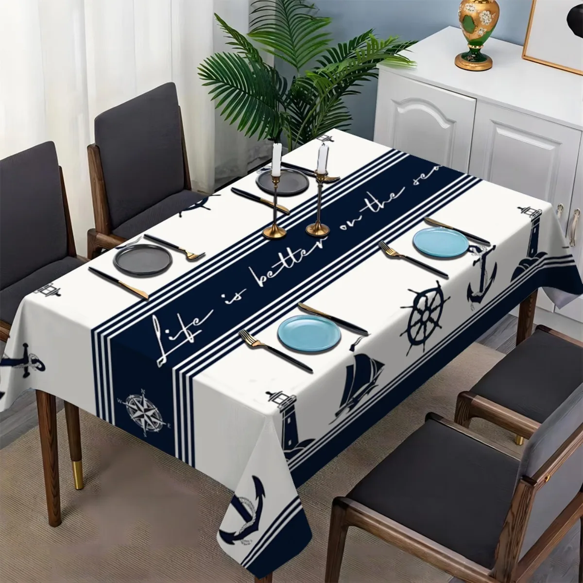 1pc Ocean Theme Tablecloth - Blue and White Stripes Decorative Tablecloth, suitable for restaurant home decorationzyc