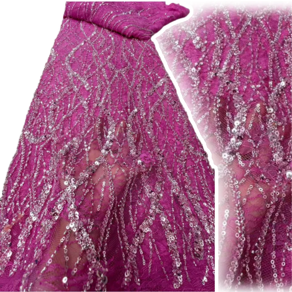 

Rose Red African Beaded Lace Fabric High Quality Groom Nigerian Wedding Bridal Sequins Embroidery French for Dresses Sewing 1275