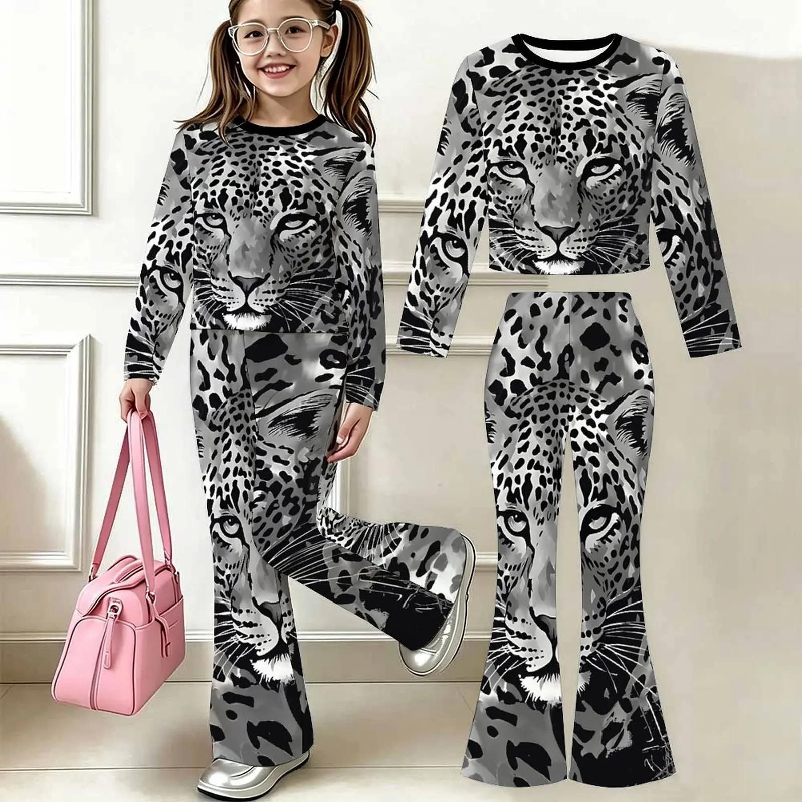 Slim Two-piece Set Fashion Bell-bottomed Pants Children's Casual Pants Autumn Winter Girls' Round Neck Long Sleeved