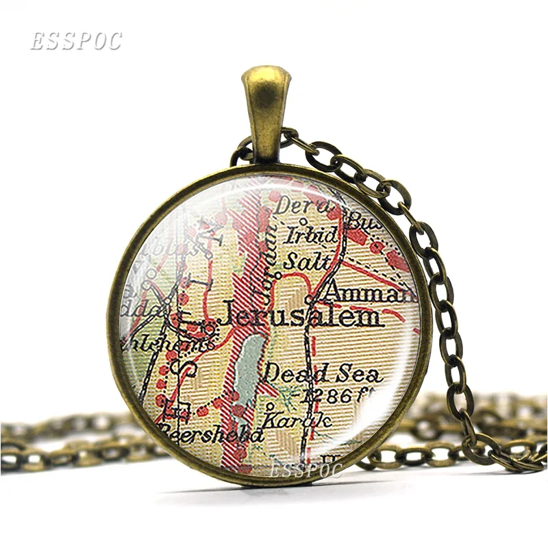 Jerusalem Map Vintage Map Necklace Holy City for Jews Christians and Muslims Accessories Glass Dome Fridge Magnet Gift Souvenir