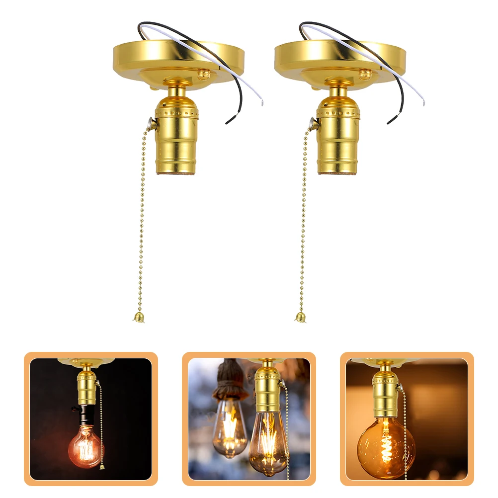 

2 Pcs Retro Knob Light Head Lamp Sockets The Chain Holder Golden Bulb with Pull