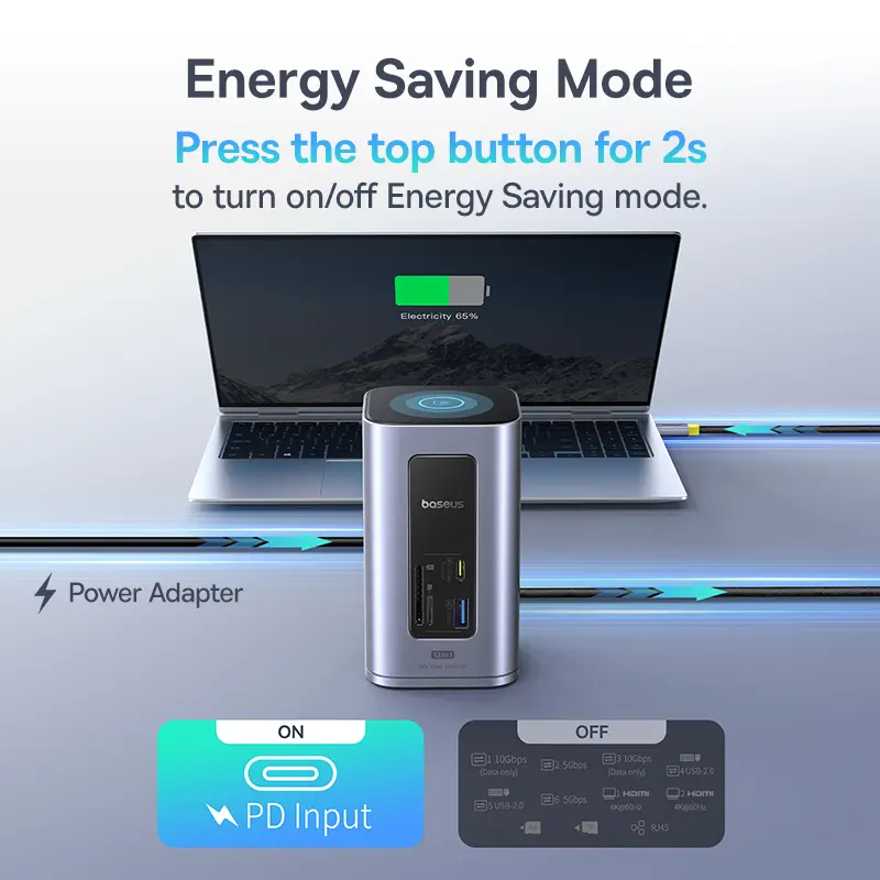 Baseus 12-in-1 USB C HUB to HDMI 4K@60Hz Dual Display USB 3.2 Adapter with RJ45 SD TF PD 100W Docking Station for Window Mac Hub - 6