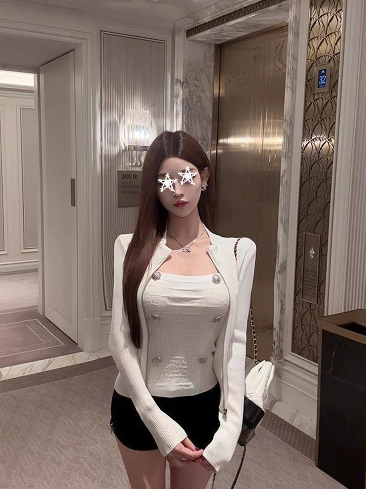 Slimming Knitted Cardigan Top High Waist Straight Leg Pants Two Piece Set Fashionable Commute Style Short Sleeve Long Sleeve