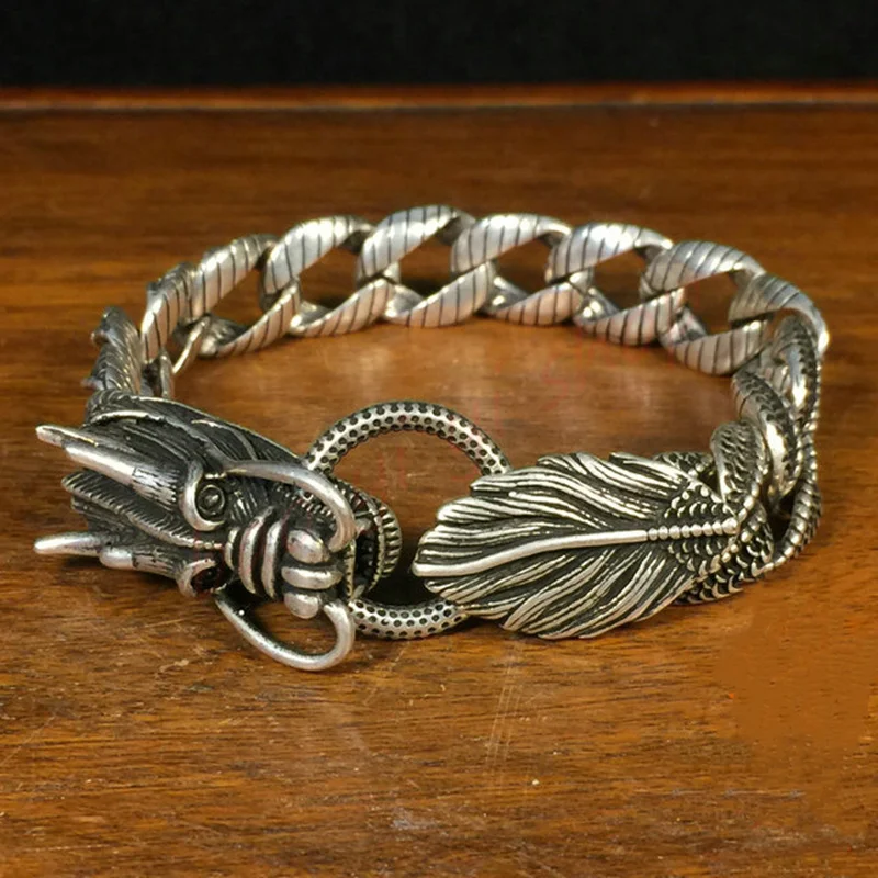 

Vintage Tibetan Silver Bracelet, Hollowed-out Dragon Head, Male domineering Silver Bracelet