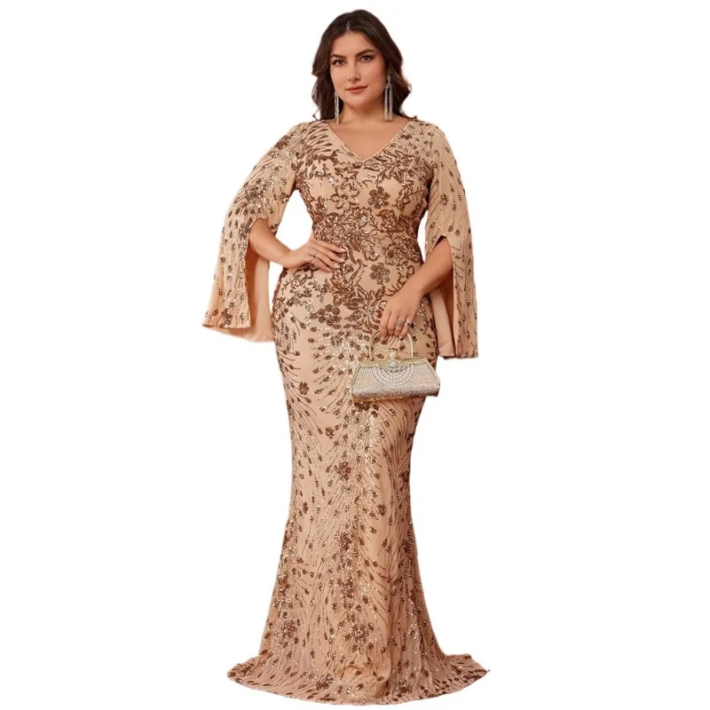 

New XXXXL Plus Size Sequined Long-sleeved Dress, Slim Banquet Fishtail Dress