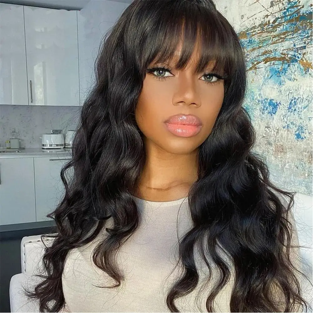 30 inch Body Wave Human Hair Wigs With Bangs 3x1 Middle Part Lace Wig Machine Made Wig Brazilian 100% Human Hair Body Wave Wig