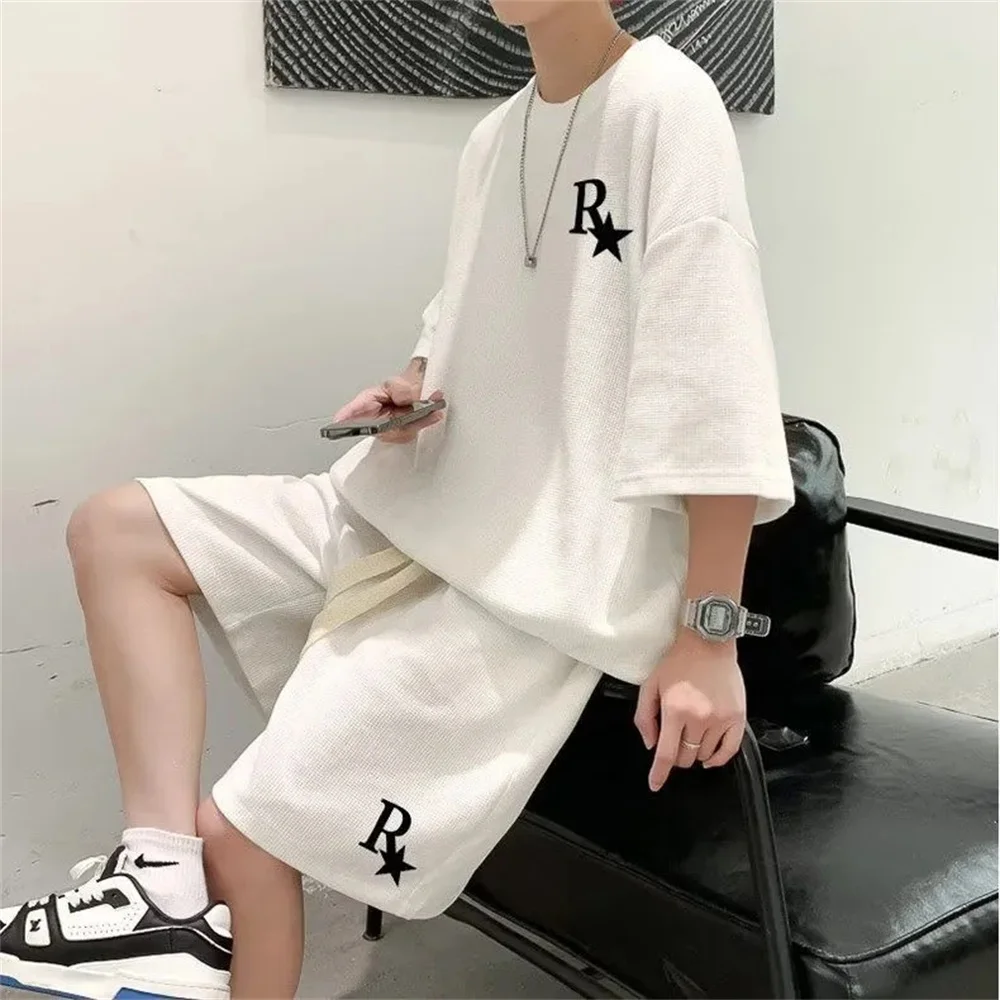 Oversized Japan Korean Fashion College Waffle Set Men Boys Summer Casual Loose Short Sleeve T-shirt Shorts Sports Two Piece Set