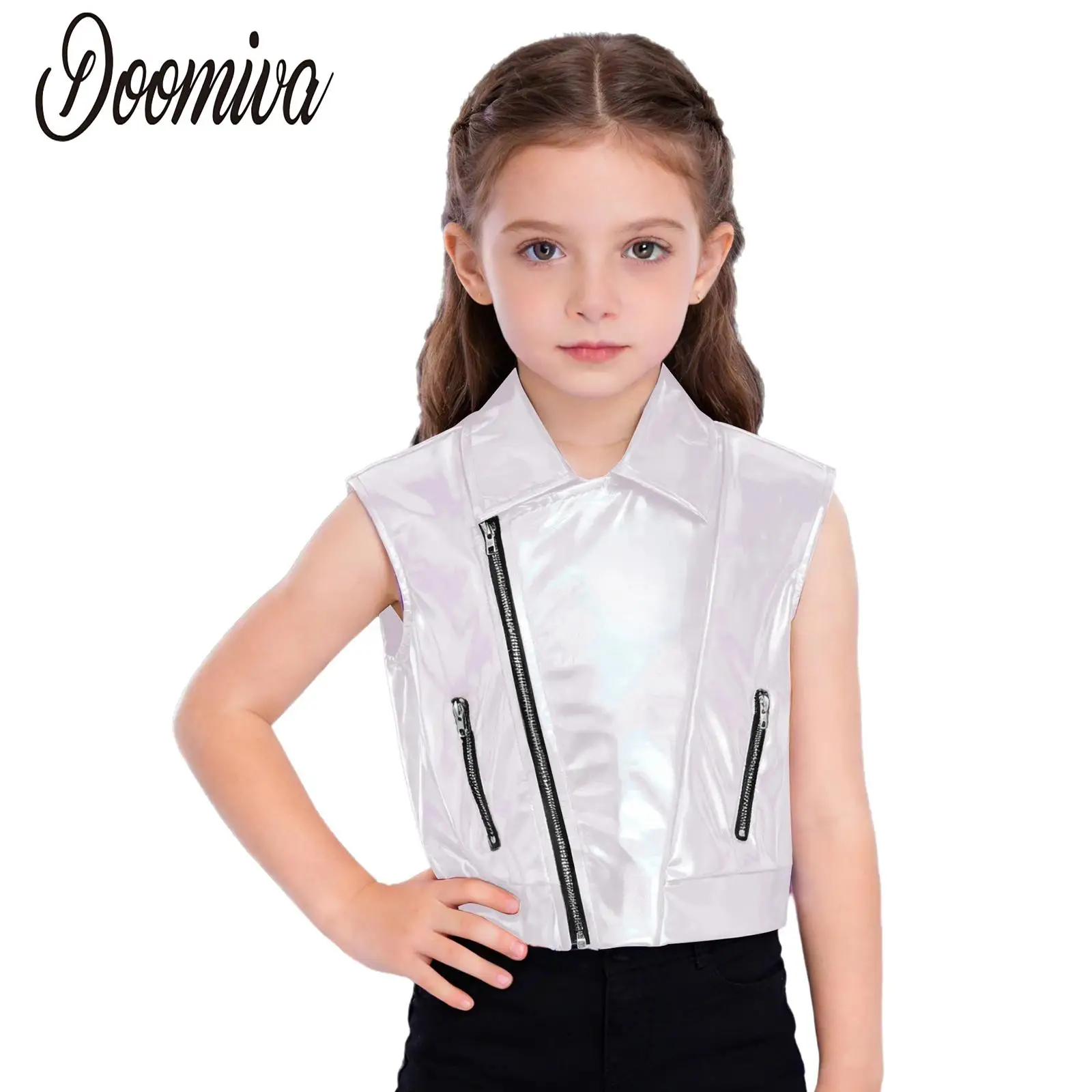 

Kids Boys Girls Metallic Jazz Disco Waistcoat Turn-Down Collar Sleeveless Zipper Vest for Modern Hip Hop Dance Stage Performance