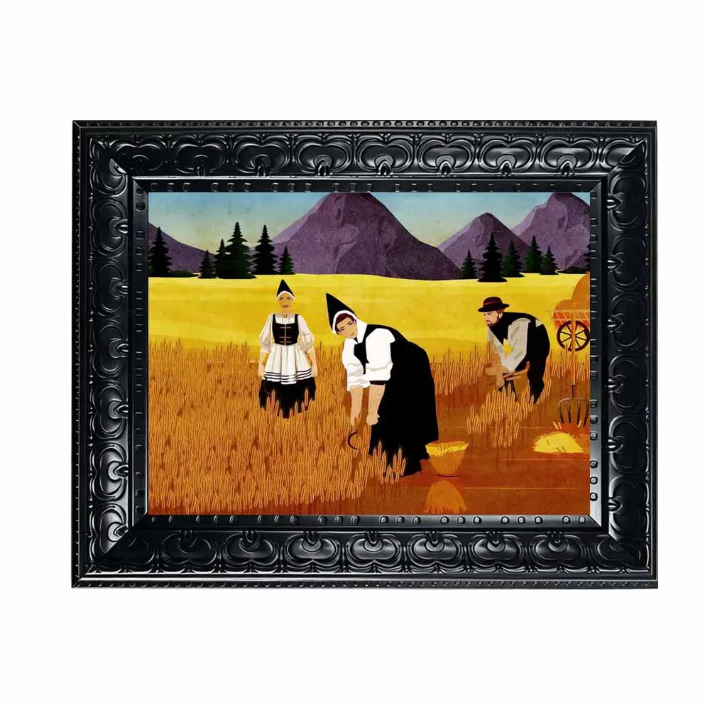 Framed Canvas Wall Art Vintage Harvest Farm Workers Print, Retro Rural Wheat Field Folk Painting for Farmhouse Home Decor