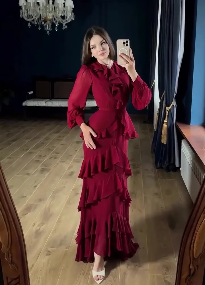 Elegant Solid Layered Ruffle Long Dress Women O Neck Long Sleeve Belt Chiffon Maxi Dress Autumn Wedding Guest Evening Party Robe