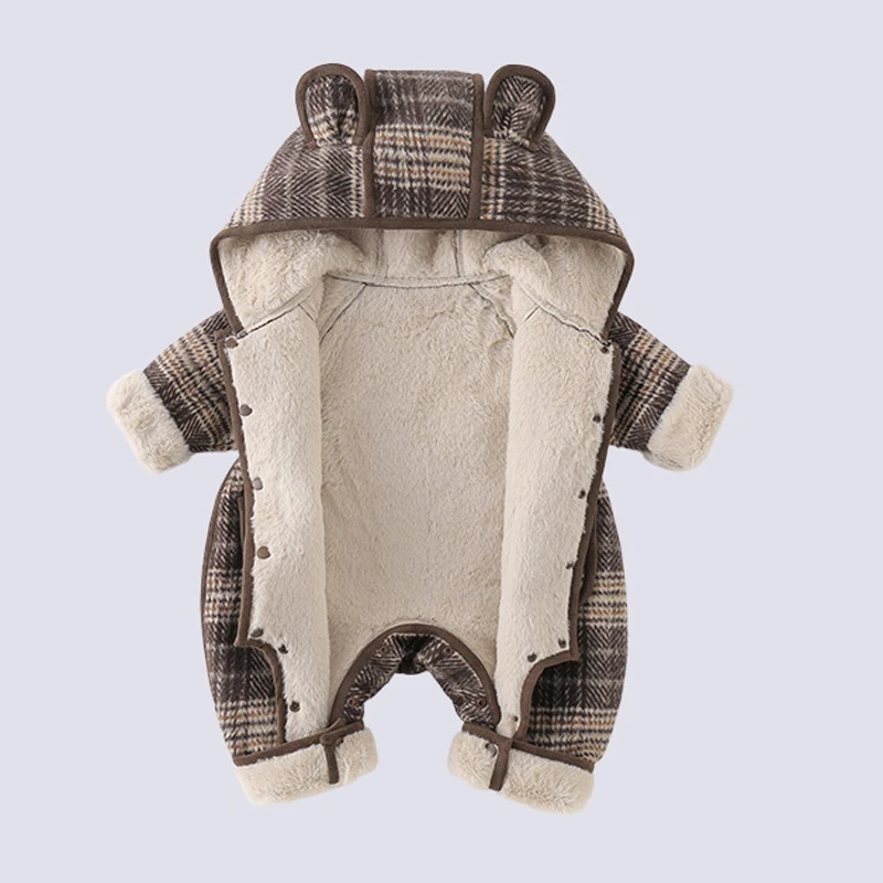 IYEAL Unisex Baby Winter Plaid Romper Hooded Bear Ears Fleece Lined Jumpsuit Long Sleeve Snap Button Outerwear with Pockets Newb