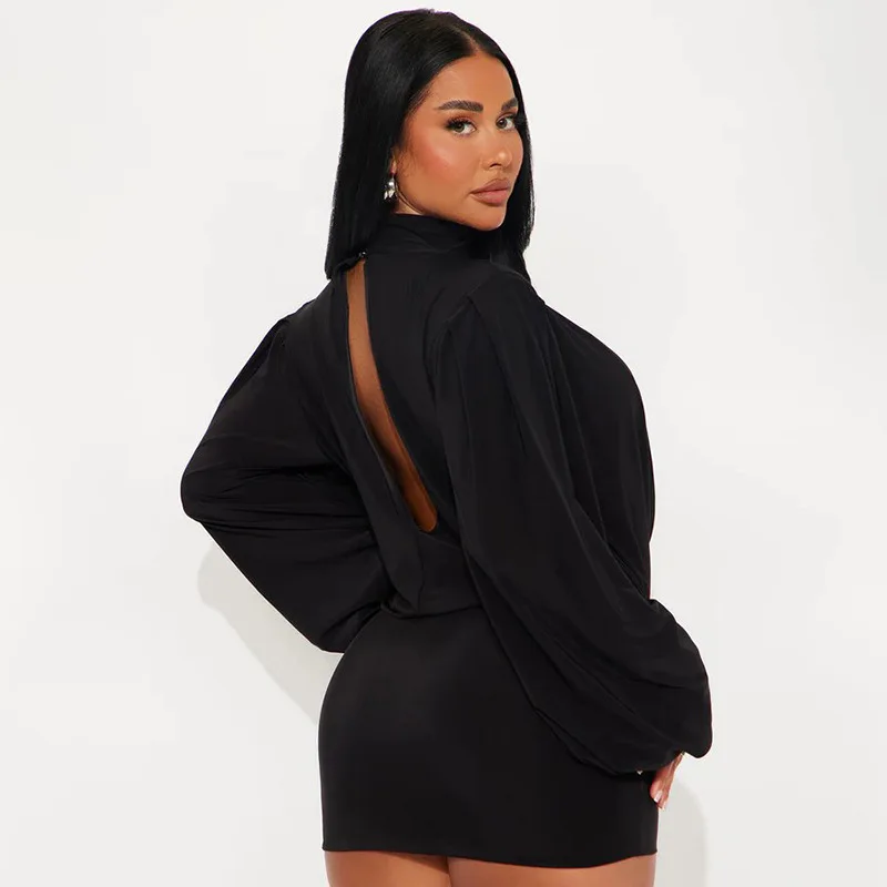 Abito con scollo a V senza schienale Abiti da donna Autunno Inverno Lanterna T-shirt a maniche lunghe Mini gonna aderente Set coordinati in due pezzi