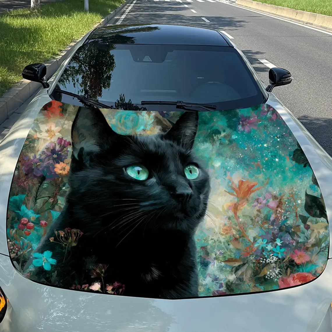 

Car Decals Realistic Black Cat with Striking Green Eyes Amidst a Vibrant, Colorful Floral - Like Backdrop Car Hood Sticker, Wate