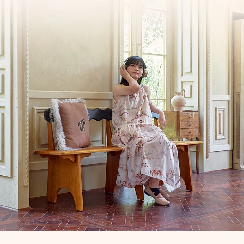 

Medieval solid wood bench bedside stool bedroom art bench living room backrest family dining chair