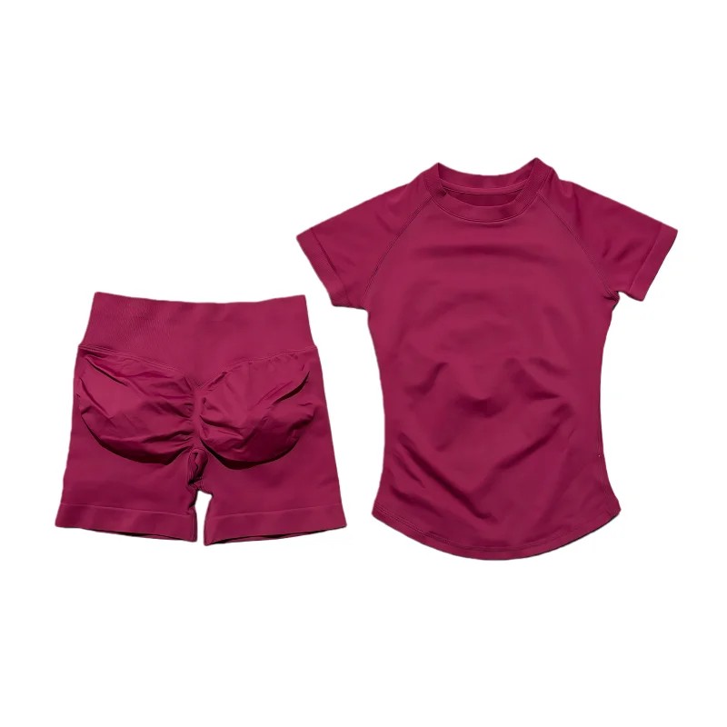 2-delige sportsets met korte mouwen, naadloze yoga-top, fitnessset, dames workout, hardloopsportshorts, gympak - afbeelding 2