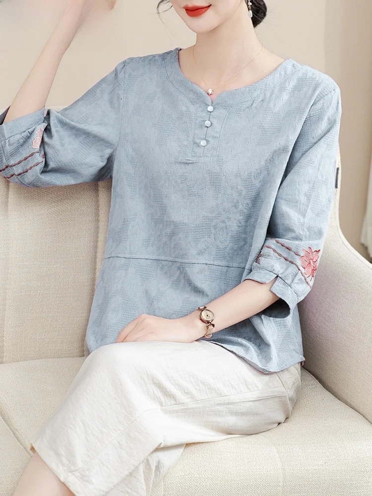 

Midlife Mom Summer Cotton Linen Set Short Sleeve Women's Style Fashion Loose Fit round Neck Two-Piece Suit for Ages 40-49
