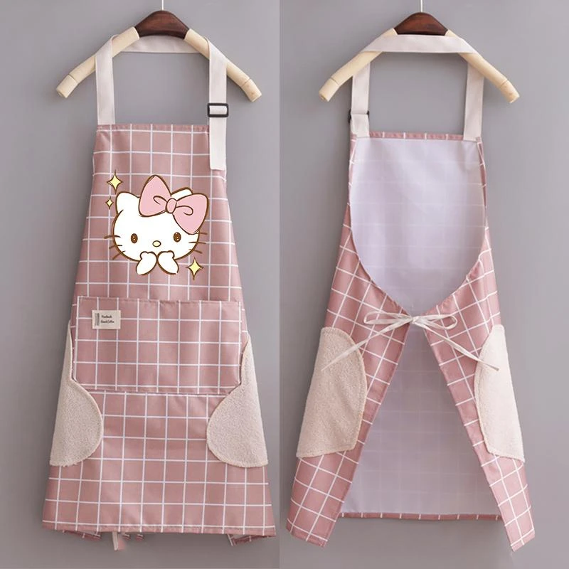 Kawaii Sanrio Hello Kitty Cooking Baking Apron Cartoon Lattice Waterproof Girls Cleaning Tool Household Pinafore