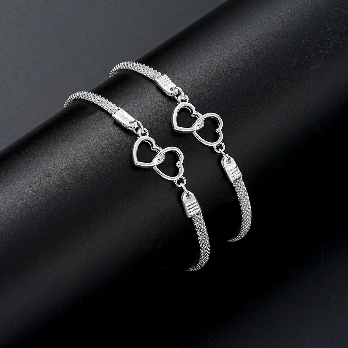 2 Pcs Set Love Heart Couple Bracelets for Women Men Silver Color Double Layer Matching Chain Bracelet Lover Jewelry Gift