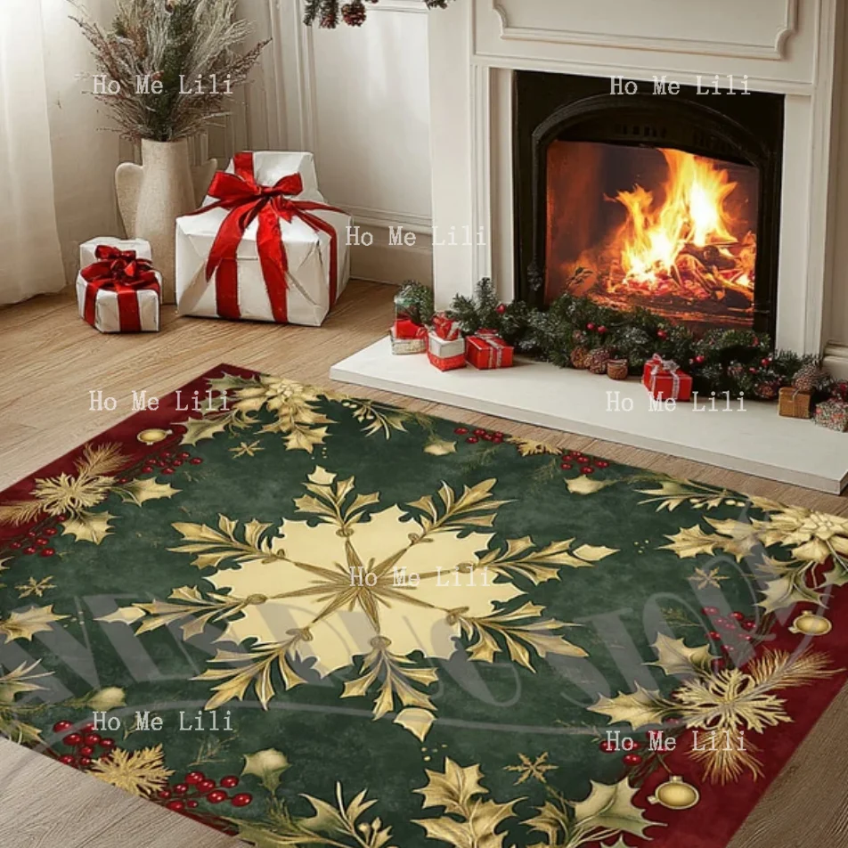 Snowflake Rug Christmas Decor Mat Poinsettia Green Red Gold Xmas Carpet