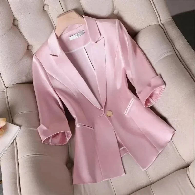 Women's Suit Summer Jacket Slim Fit Three Quarter Sleeve Professional Blazer Coat Acetic Acid Elastic Satin Slim Waist Versatile