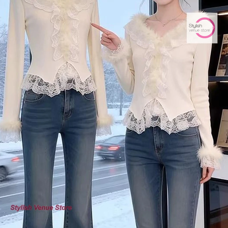 

French retro lazy wind lace stitching V-neck long-sleeved T-shirt women's autumn and winter high sense slim bottoming shirt top