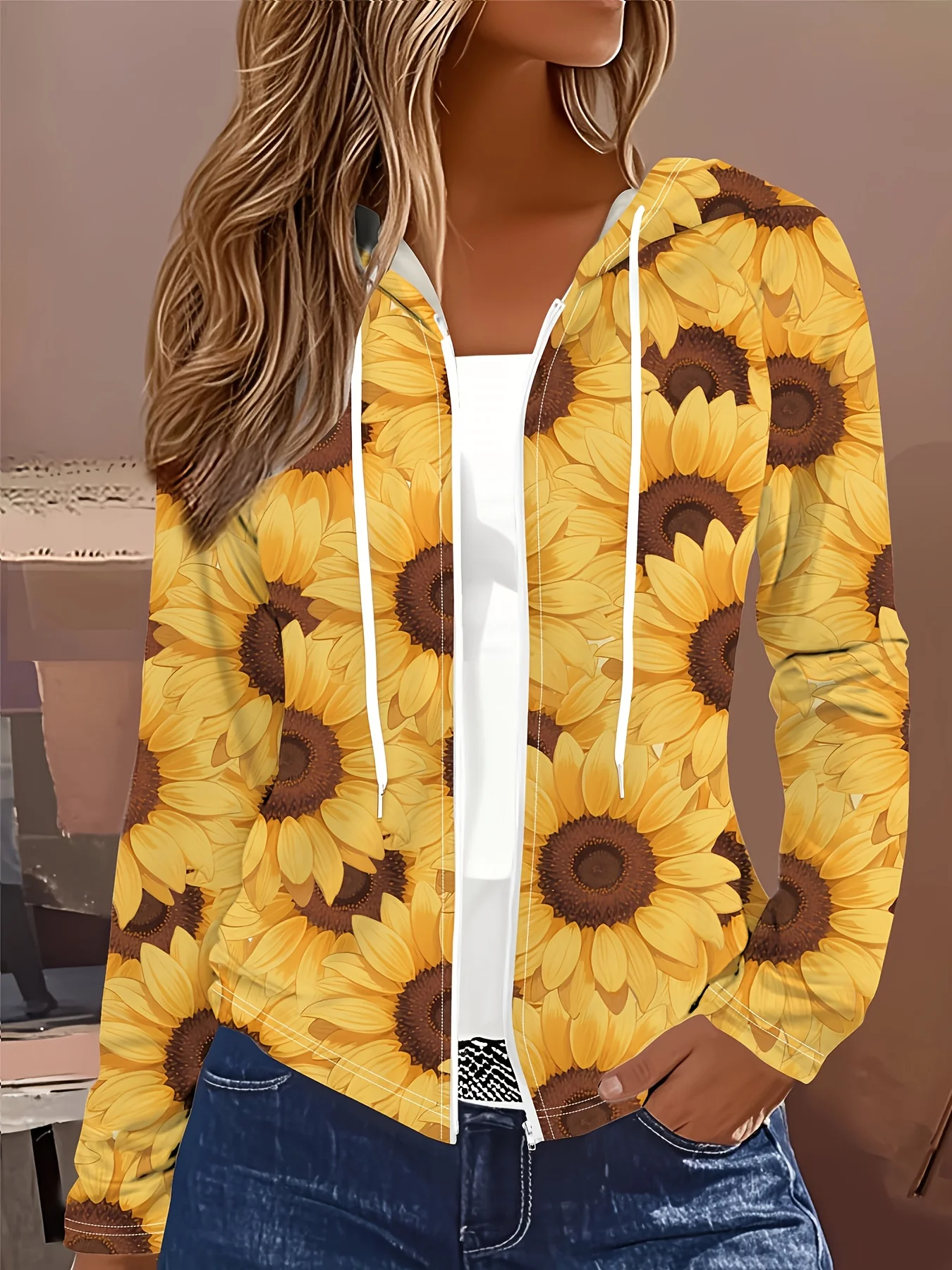 

Весенне-осенняя повседневная куртка с принтом подсолнухов, женская повседневная куртка.