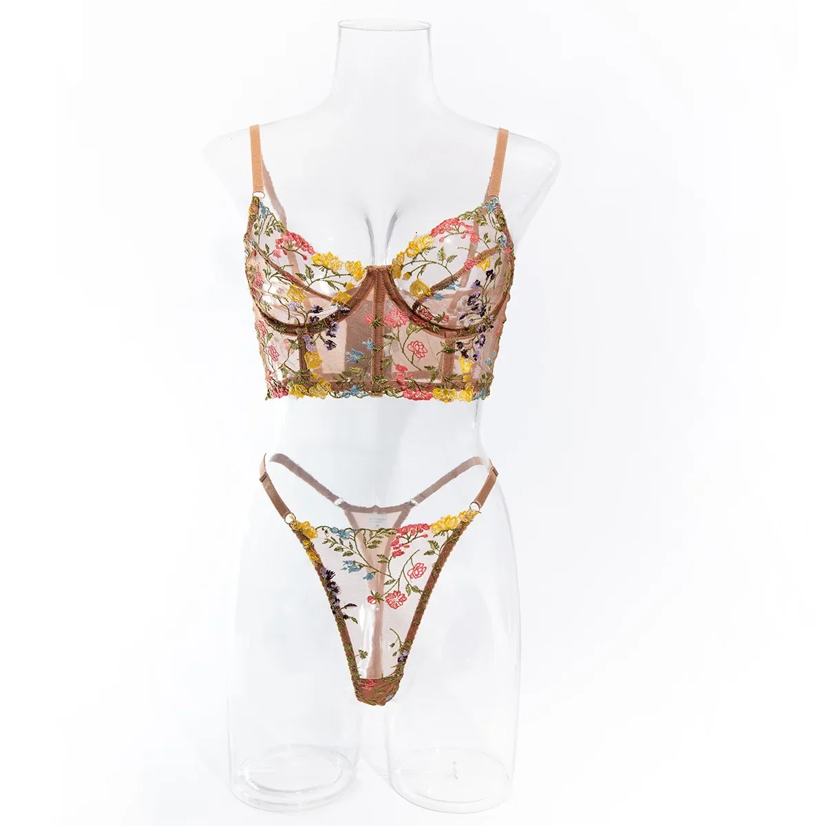 Mulheres ver através de 2 peças conjunto de sutiã de renda malha transparente conjunto de calcinha bordado floral conjunto de roupa interior respirável sexy