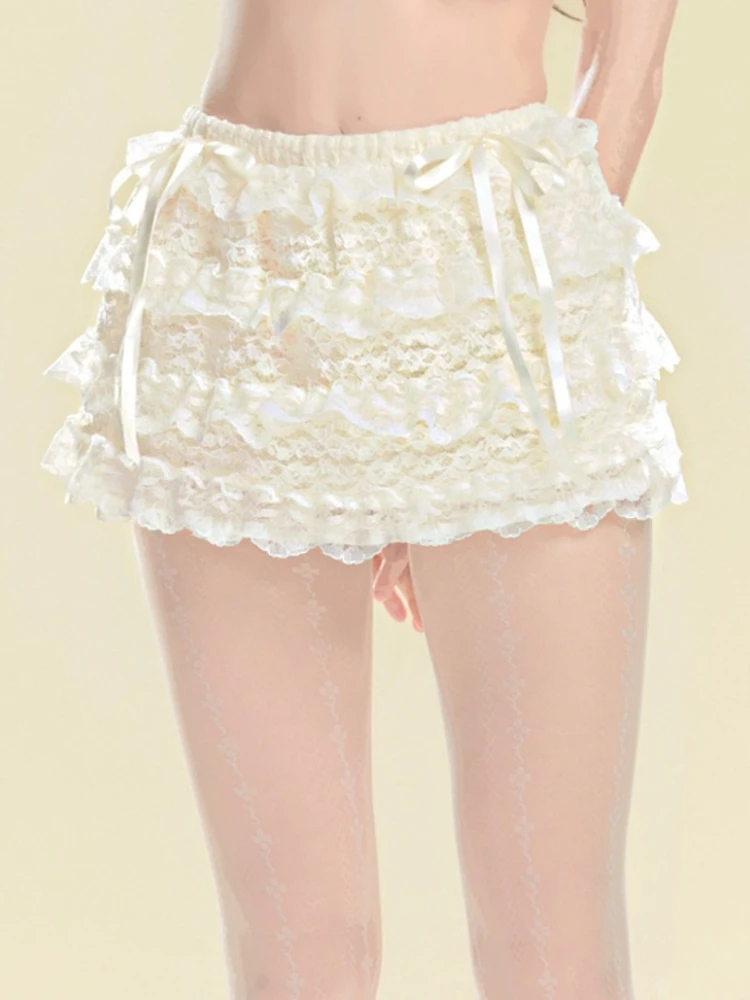 

ADAgirl Kawaii Beige Mini Skirts for Women Lace Patchwork Ruffled Elastic Waist Cake Skirt Summer Lolita Style A-line Skirt Girl