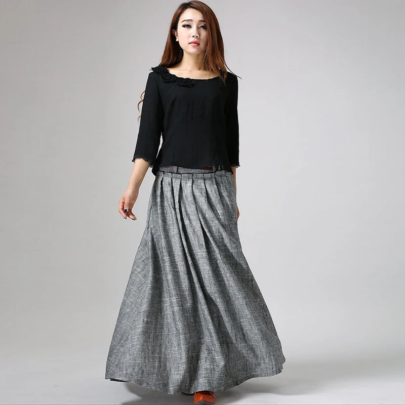 

Серая винтажная льняная длинная юбка 2026 года, женская юбка макси с завышенной талией для коррекции фигуры, повседневная универсальная юбка для весны/осени