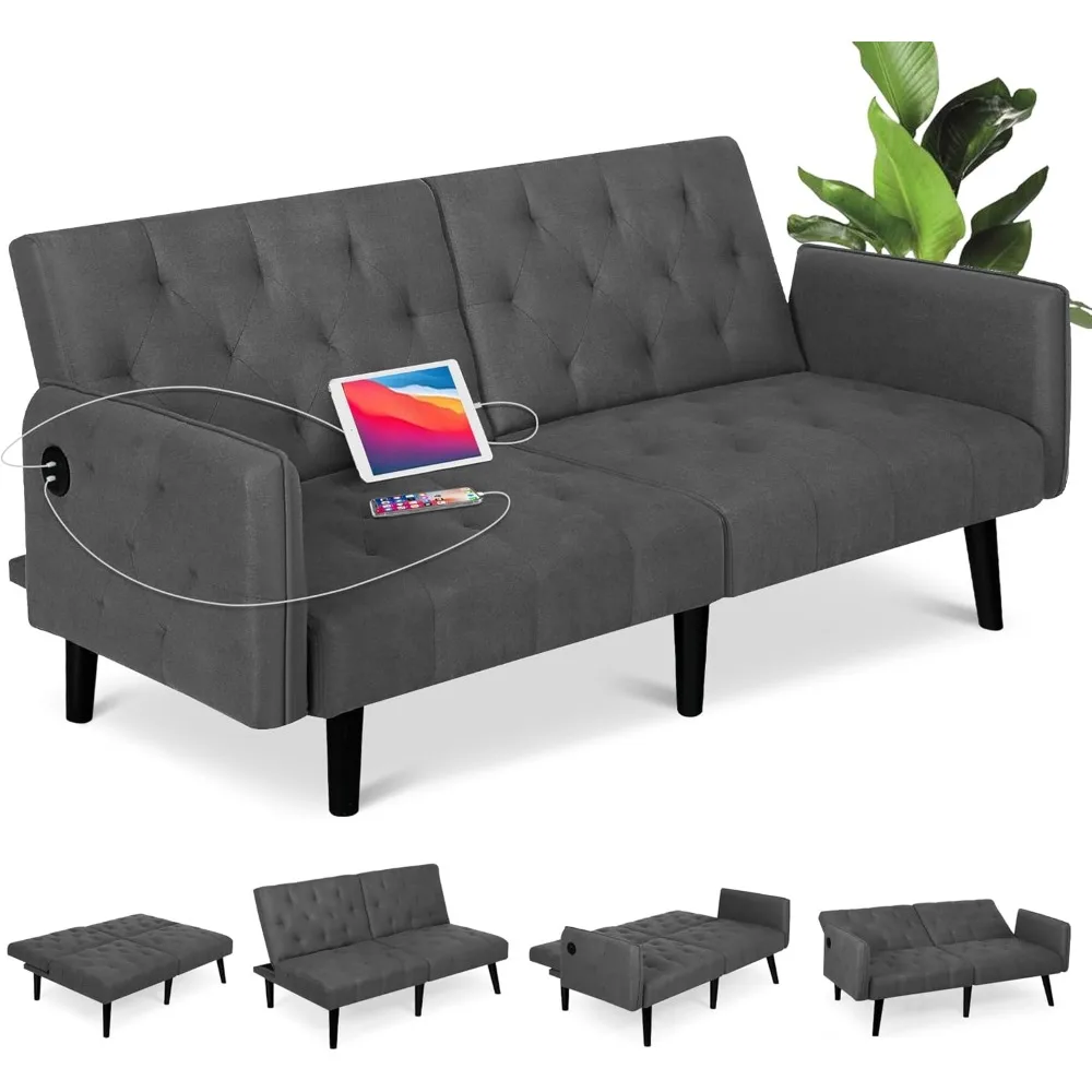 sofa, Convertible Futon Tufted Small Adjustable Folding Couch Loveseat, Mid Century Faux Leather Sleeper Sofa for Living Room image 6
