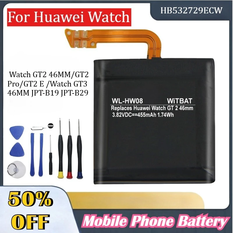 3.82V 455mAh HB532729ECW Mobile Phone Battery For Huawei Watch GT2 46MM/GT2 Pro/GT2 E Watch GT3 46MM JPT-B19 JPT-B29 + Tool