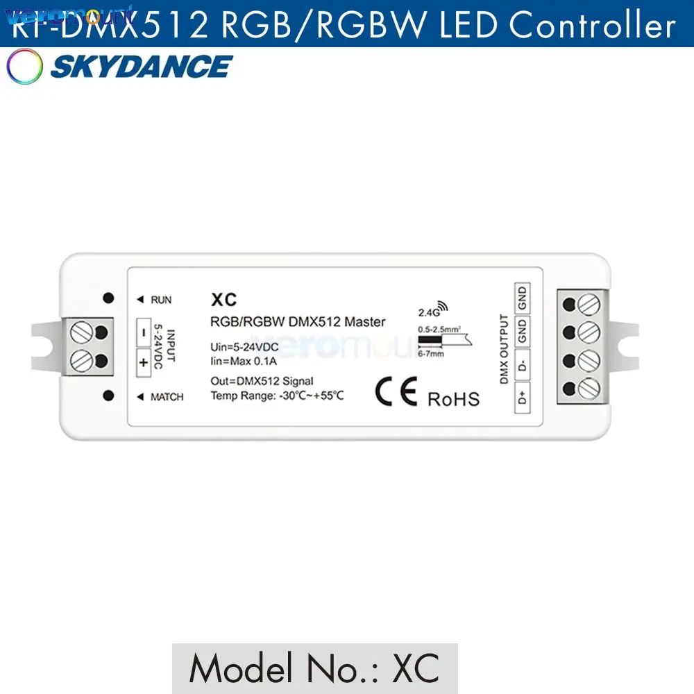 

Skydance XC RGB DMX master ControllerDC5-24V input DMX512 signal output RGB DMX512 master LED Controller;R9 2.4G 27 key remote