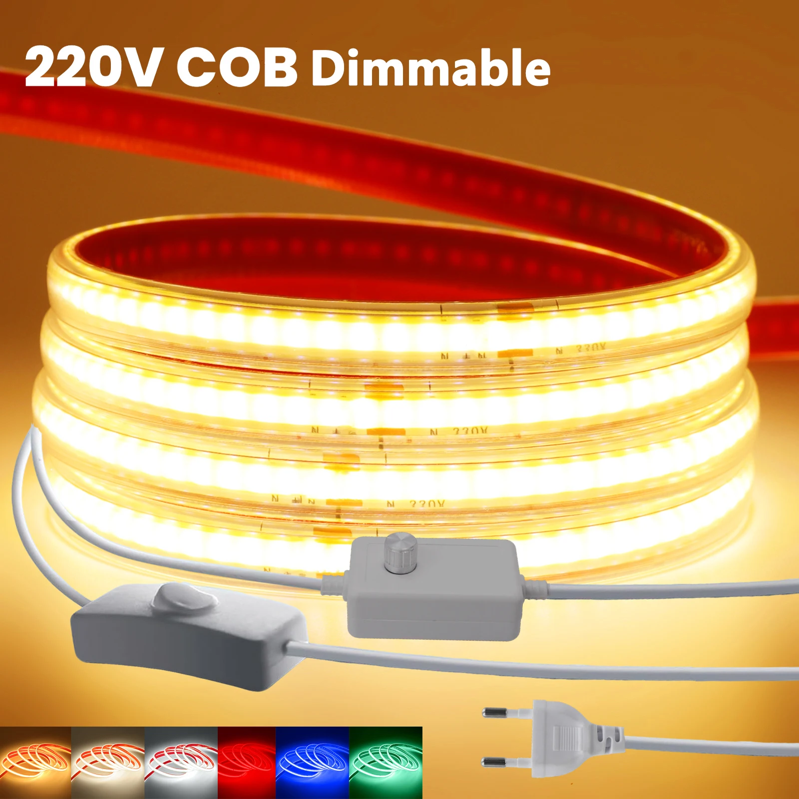 220V COB Dimmable LED Strip Light Dimmer/Switch Power Kit Bright 240LEDs/M Waterproof Flexible Tape 3000K 4000K 6000K Room Decor