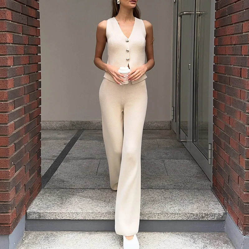 2025 Spring Solid Rib Knitted Office Sets Women Elegant V Neck Button Tank Top & Long Pant Outfit Summer Sleeveless Hollow Suits