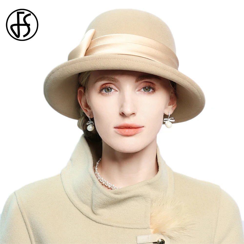 

FS Winter Wool Hats For Women Camel Bowler Hat With Bowknot Ladies Formal Dress Wedding Cap Vintage Felt Fedora Millinery 2025